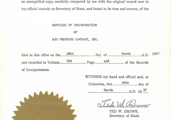 The filing with the State of Ohio is interesting in that the company name was misspelled as RJS Producrs Company, Inc.  1957 is considered the “official” start date of the company.
